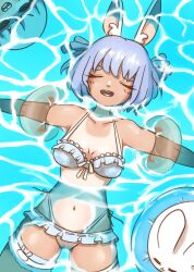  absurd_res animal_ears animal_humanoid blue_clothing blue_hair blue_swimwear blush blush_lines breasts captaintamoshi closed_eyes clothing dark_body dark_skin eyelashes female floatie floating fur hair hi_res hololive humanoid inflatable lagomorph lagomorph_humanoid leporid_humanoid mammal mammal_humanoid navel open_mouth partially_submerged rabbit_humanoid short_hair solo suntan swimwear tan_body tan_line tan_skin thick_thighs usada_pekora vtuber water white_body white_fur wide_hips 