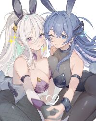  2girls animal_ears aqua_hair ariko_(aaaaarik) arm_support asymmetrical_docking azur_lane black_gloves black_leotard black_pantyhose blowing_kiss blue_eyes blue_hair blurry blurry_foreground breast_press breasts cleavage colored_inner_hair detached_sleeves english_commentary fake_animal_ears fake_tail fishnet_pantyhose fishnets gloves glowing glowing_hair grey_hair hair_between_eyes hair_intakes heart highres holding_hands kearsarge_(all_night_charge)_(azur_lane) kearsarge_(azur_lane) kneeling large_breasts leotard looking_at_viewer mixed-language_commentary multicolored_hair multiple_girls new_jersey_(azur_lane) new_jersey_(exhilarating_steps!)_(azur_lane) official_alternate_costume one_eye_closed pantyhose playboy_bunny purple_eyes rabbit_ears rabbit_tail simple_background sparkle tail white_background white_leotard wrist_cuffs 