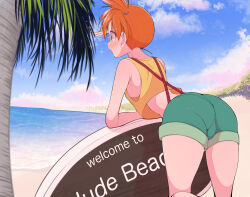  1girls arm_behind_back ass asymmetrical_hair back bare_arms bare_shoulders beach blue_sky blush breasts cloud creatures_(company) crop_top dated day denim denim_shorts english_text female from_behind fujiwara_hiro_(kaede_ciao) game_freak green_eyes green_shorts gym_leader hair_tie highres huge_ass human human_only kasumi_(pokemon) legs looking_at_another looking_back medium_breasts nintendo ocean open_mouth orange_hair outdoors palm_tree pokemon pokemon_(anime) pokemon_(classic_anime) ponytail sand shirt short short_hair short_shorts shorts side_ponytail simple_background sky sleeveless solo sparkle suspender_shorts suspenders swimsuit tank_top thick_thighs thighs tree water yellow_shirt yellow_tank_top 