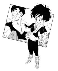  1boy artist_name blush clothes_lift cloud couple dougi dragon_ball dragon_ball_z female fenyon gloves halftone highres holding holding_towel leggings looking_down looking_to_the_side midriff monochrome navel open_mouth oversized_clothes oversized_shirt shirt shirt_lift short_hair son_gohan spiked_hair straight sweat sweatdrop towel undershirt videl wiping_face 