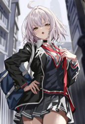  ahoge black_jacket black_skirt black_sweater_vest blush choker fate/grand_order fate_(series) female highres jacket jeanne_d&#039;arc_alter_(avenger)_(fate) jeanne_d&#039;arc_alter_(fate) long_sleeves looking_at_viewer necktie open_mouth pleated_skirt school_uniform shino_(eefy) shirt short_hair skirt solo sweater_vest white_hair white_shirt yellow_eyes 