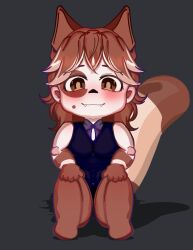  anthro blush bow_tie brown_eyes brown_hair brown_markings brown_tail_tip chibi clothing cuffs_(clothing) dipstick_tail domestic_cat fangs felid feline felis fluffy fluffy_tail fur gloves grey_background hair handwear hi_res leg_markings leotard looking_at_viewer male mammal markings neko_abigail persian_cat purple_clothing purple_leotard reku_(akubon) shadow simple_background sitting socks_(marking) solo tail tail_markings teeth white_body white_fur 