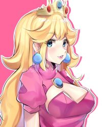  arms_at_sides blonde_hair blue_brooch blue_eyes blush breasts cleavage cleavage_cutout clothing_cutout commentary dress earrings english_commentary female from_side gold_tiara hair_between_eyes hair_flaps highres jewelry lips long_hair looking_at_viewer mario_(series) medium_breasts outline parted_lips pink_background pink_dress princess_peach puffy_short_sleeves puffy_sleeves short_sleeves simple_background solo somenormalartist tiara two-tone_background upper_body white_background white_outline 