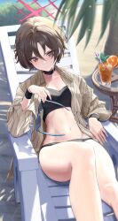  absurdres beach_chair bikini black_bikini black_choker blue_archive blush bocchi_(kuropom7) brown_eyes brown_hair brown_shirt choker commentary_request cup drinking_glass drinking_straw feet_out_of_frame female food fruit halo highres holding holding_removed_eyewear juice looking_at_viewer misaki_(blue_archive) misaki_(swimsuit)_(blue_archive) navel open_clothes open_shirt orange_(fruit) orange_juice orange_slice outdoors shirt short_hair sitting solo striped_clothes striped_shirt sweat swimsuit unworn_eyewear vertical-striped_clothes vertical-striped_shirt 