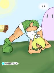  2d ass ass_focus ass_up big_ass big_butt boots eyeless_face female female_focus female_only green_outfit jack-o_pose koopa koopa_girl mario_(series) mini_short nintendo orange_skin original_art solo solo_focus spread_legs super_mario_bros. tank_top tawagoto_(probros) thick_thighs topwear twitter_username yellow_hair 