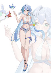  bare_shoulders bikini blue_footwear blue_hair closed_mouth female full_body green_eyes groin hair_between_eyes head_wings higashiwun_izumi high_heels highres honkai:_star_rail honkai_(series) long_hair navel origami_bird_(honkai:_star_rail) robin_(honkai:_star_rail) simple_background smile stomach swimsuit thigh_strap thighs very_long_hair white_background white_bikini wings zoom_layer 