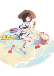  absurdres bare_shoulders beach bottle brown_hair bucket chips_(food) crab cropped_shirt female food hat highres looking_at_viewer midriff miniskirt original popsicle red_eyes school_uniform serafuku shirt shovel sitting skirt solo straw_hat water_bottle watermelon_bar white_shirt white_skirt xiongmao yokozuwari 