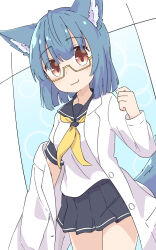  :3 animal_ear_fluff animal_ears black_sailor_collar black_skirt blue_background blue_hair blunt_bangs blush bob_cut breasts coat_partially_removed commentary_request cowboy_shot female glasses hair_between_eyes hand_up highres jacket lab_coat medium_breasts medium_hair miniskirt neckerchief original pleated_skirt red_eyes sailor_collar school_uniform semi-rimless_eyewear serafuku shirt short-sleeved_jacket short_sleeves skirt smile solo standing tail thighs toramaru2001710 under-rim_eyewear white_background white_shirt yellow-framed_eyewear yellow_neckerchief 