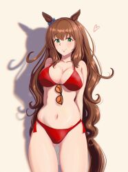  absurdres animal_ears arms_up bikini blush bow breasts brown_hair cleavage closed_mouth collarbone cowboy_shot female green_bow green_eyes hairbow highres horse_ears horse_girl horse_tail large_breasts long_hair looking_at_viewer maruzensky_(umamusume) navel osage_gankyou red_bikini red_ribbon ribbon shadow side-tie_bikini_bottom smile solo stomach swimsuit tail umamusume very_long_hair 