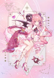  ahoge asymmetrical_legwear bat_wings blush bow breasts capricorn_(constellation) capricorn_(zodiac) closed_mouth clothing_cutout commentary_request cross-laced_sandals dress dress_bow drill_hair female frilled_dress frilled_sleeves frills full_body gloves goat_horns high_heels highres horns large_bow layered_dress leaning_forward leg_ribbon long_hair looking_at_object medium_breasts original pink_dress pink_eyes pink_footwear pink_hair pink_nails rednian ribbon short_sleeves shoulder_cutout side_drill smile thigh_strap very_long_hair white_gloves wings zodiac 