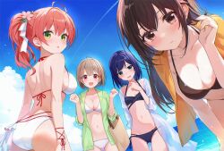  4girls :d :| a-chan_(hololive) ahoge alternate_costume amagai_tarou ass ass_visible_through_thighs back bikini blue_bikini blue_eyes blue_hair blue_sky blush breasts brown_bikini brown_eyes brown_hair cleavage closed_mouth cloud collar commentary_request day double-parted_bangs flat_chest flower green_eyes green_jacket hair_between_eyes hair_flaps hair_flower hair_ornament hairclip halterneck hand_in_own_hair hand_up hands_up harusaki_nodoka highres hololive jacket large_breasts leaning_forward long_hair looking_at_viewer looking_back median_furrow medium_hair multi-strapped_bikini_bottom multiple_girls navel ocean open_clothes open_jacket open_mouth outdoors pink_eyes pink_hair ponytail sakura_miko see-through see-through_jacket short_hair side-tie_bikini_bottom sideboob sky smile standing stomach swept_bangs swimsuit swimsuit_cover-up tokino_sora towel towel_around_neck virtual_youtuber wavy_mouth wet white_bikini white_jacket 