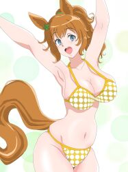  alternate_costume animal_ears armpits arms_up bikini blue_eyes breasts brown_hair cleavage commentary_request cowboy_shot female hair_between_eyes hair_ornament highres horse_ears horse_girl horse_tail large_breasts long_hair looking_at_viewer navel open_mouth osage_gankyou polka_dot polka_dot_bikini ponytail simple_background smile solo star_(symbol) star_hair_ornament stomach swimsuit taiki_shuttle_(umamusume) tail teeth umamusume upper_teeth_only white_background yellow_bikini 