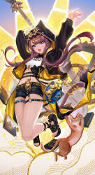  :d arknights arms_up belt black_belt black_footwear black_jacket black_shorts blue_eyes brown_hair coin feline female flower highres hood hooded_jacket infection_monitor_(arknights) jacket liu_liaoliao looking_at_viewer midriff navel open_mouth pepe_(arknights) short_shorts shorts smile solo thighs white_flower 