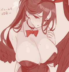  alternate_costume animal_ears blue_archive blush bow bowtie breasts choker cleavage commentary_request detached_collar fake_animal_ears feathered_wings female fight_yoghurt halo hasumi_(blue_archive) huge_breasts leotard long_hair monochrome oekaki pantyhose parted_lips playboy_bunny rabbit_ears simple_background solo strapless strapless_leotard sweat wings 