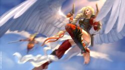  2016 5_fingers 5_toes armor barefoot bent_arm bent_leg black_armor black_breastplate blonde_eyebrows blonde_hair blue_sky blurred_background blurred_character braided_hair breastplate breasts chirun clothing cloud colored digital_media_(artwork) digital_painting_(artwork) dual_wielding duo eyebrows feathered_wings feathers feet female fingernails fingers flowing_hair flying gauntlets gloves greaves gun gun_holster hair handgun handwear hi_res holding_gun holding_handgun holding_melee_weapon holding_object holding_pistol holding_ranged_weapon holding_sword holding_weapon humanoid leggings legwear light lighting lips long_hair melee_weapon nails not_furry pistol ranged_weapon red_clothing red_eyes red_leggings red_legwear red_lips red_ribbon shaded sky spread_wings sunlight sword tan_body tan_fingernails tan_nails tan_skin tan_toenails text toenails toes url weapon white_body white_feathers white_wings winged_humanoid wings 