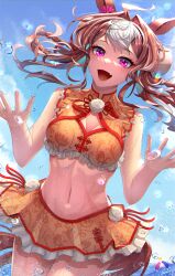  ahoge amekudaki animal_ears bikini bikini_skirt blue_sky breasts brown_hair cleavage cloud cloudy_sky commentary_request copano_rickey_(lucky_summertime)_(umamusume) copano_rickey_(umamusume) cowboy_shot day ear_ornament female frilled_bikini frills hair_between_eyes highres horse_ears horse_girl horse_tail long_hair looking_at_viewer medium_breasts multicolored_hair ocean official_alternate_costume open_mouth outdoors pink_eyes sky smile solo streaked_hair swimsuit tail umamusume water wet white_hair yellow_bikini 