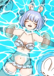  absurd_res animal_ears animal_humanoid blue_clothing blue_hair blue_swimwear blush blush_lines breasts captaintamoshi closed_eyes clothing eyelashes female floatie floating fur hair hi_res hololive humanoid inflatable lagomorph lagomorph_humanoid leporid_humanoid mammal mammal_humanoid navel open_mouth partially_submerged rabbit_humanoid short_hair solo swimwear tan_body tan_skin thick_thighs usada_pekora vtuber water white_body white_fur wide_hips 