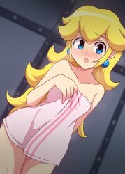  bare_shoulders blonde_hair blue_eyes blurry blurry_background blush collarbone commentary_request cowboy_shot curakuru earrings female jewelry long_hair looking_at_viewer mario_(series) naked_towel nose_blush open_mouth princess_peach solo towel very_long_hair 