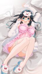  absurdres ahoge amano_nene_(vtuber) amano_nene_(vtuber)_(pajama) aqua_eyes arm_up bed_sheet black_hair bloomers blush breasts character_mask claw_pose cloudtomo_(amano_nene) commission female frilled_nightgown full_body fur_jacket glasses gloved_sleeves highres jacket lace-trimmed_thighhighs large_breasts lingmu long_hair looking_at_viewer lying mask mask_on_head nail_art nail_polish nightgown official_alternate_costume on_back open_mouth pink_bloomers pink_nightgown production_kawaii round_eyewear sandals see-through see-through_legwear see-through_nightgown see-through_thighhighs skeb_commission sleep_mask sleepwear solo thighhighs toenail_polish toenails virtual_youtuber white_jacket white_thighhighs 