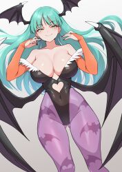  animal_print ass_visible_through_thighs bare_shoulders bat_print black_leotard black_wings breasts bridal_gauntlets closed_mouth clothing_cutout collarbone covered_navel demon_girl demon_wings female green_eyes green_hair grey_background head_wings heart_cutout highres kamidan large_breasts leggings leotard looking_at_viewer low_wings morrigan_aensland pantyhose print_leggings purple_leggings red_nails simple_background smile solo vampire vampire_(game) wings 