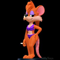  3d_(artwork) 3d_modeling 3d_print anthro bikini black_background brown_body brown_fur cigarette clothed clothing digital_media_(artwork) female fur hand_on_butt hi_res looking_sideways makeup mammal mouse_tail murid murine pinup pose purple_clothing rat rhubella_rat rodent sillytoys simple_background smile solo swimwear tiny_toon_adventures two-piece_swimsuit warner_brothers 