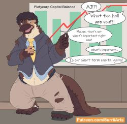  anthro bar_graph beak brown_body brown_fur business business_attire business_suit chart claws clothed clothing dialogue english_text fur fur_growth growth human in_public male mammal mid_transformation monotreme offscreen_character platypus platypus_tail pointer public solo speech_bubble suit surrii text torn_clothing transformation were 