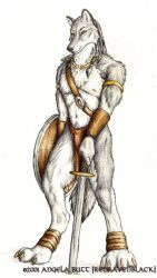  2001 angela_butt anthro bottomwear braided_hair brown_bottomwear brown_clothing brown_loincloth canid canine canis claws clothing colored_pencil_(artwork) digitigrade full-length_portrait fur grey_body grey_fur grey_hair hair hindpaw holding_melee_weapon holding_object holding_shield holding_sword holding_weapon humanoid_hands jewelry loincloth male mammal melee_weapon navel necklace nipples paws portrait shaded shield shoulder_strap simple_background snout solo standing sword tail toe_claws traditional_media_(artwork) weapon white_background white_body white_fur wolf 