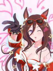  animal_ears belt black_hair blowing_kiss breasts cleavage collarbone commentary_request eyewear_on_head female glasses gloves heart highres horse_ears horse_girl jewelry long_hair looking_at_viewer medium_breasts mole mole_under_eye necklace one_eye_closed open_mouth osage_gankyou seeking_the_pearl_(umamusume) simple_background solo umamusume upper_body white_background 