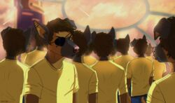  adult_swim anthro brown_hair canid canine canis cartoon_network clothed clothing detailed_background domestic_dog entsk eye_patch eyewear group hair male mammal morty_smith rick_and_morty 