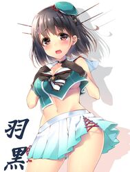  bad_id bad_pixiv_id black_gloves black_hair blush breasts cosplay female gloves haguro_(kancolle) hat headgear kantai_collection large_breasts looking_at_viewer maya_(kancolle) maya_(kancolle)_(cosplay) maya_kai_ni_(kancolle) maya_kai_ni_(kancolle)_(cosplay) midriff mini_hat miniskirt navel navy_(navy.blue) open_mouth short_hair skirt solo translated underboob 