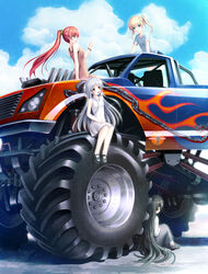  4girls aruciii bad_id bad_pixiv_id blonde_hair cloud cloudy_sky day green_hair highres long_hair monster_truck motor_vehicle multiple_girls original photoshop_(medium) ponytail red_hair silver_hair sky truck 