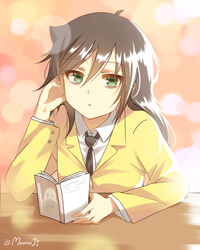  :o abstract_background adjusting_hair artist_name bags_under_eyes black_hair black_necktie blazer blurry bokeh book buttons collared_shirt commentary_request depth_of_field expressionless female fingernails green_eyes hair_between_eyes hand_in_own_hair hand_up holding holding_book jacket kuroki_tomoko long_hair long_sleeves looking_at_viewer momoji_(momojihiha) necktie novel_(object) open_book open_mouth photoshop_(medium) school_uniform shadow shirt signature sitting solo table tsurime tucking_hair watashi_ga_motenai_no_wa_dou_kangaetemo_omaera_ga_warui! white_shirt wooden_table yellow_jacket 