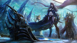  1boy 2girls armor axe bikini_armor blonde_hair bow broken broken_sword broken_weapon dress frostmourne gauntlets helmet highres human_(warcraft) ice jaina_proudmoore lich_king mage_(warcraft) multiple_girls orc pauldrons photoshop_(medium) pointy_ears red_eyes shoulder_armor snow staff sword sylvanas_windrunner tabard undead varok_saurfang warcraft warrior weapon world_of_warcraft 