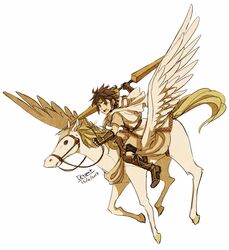  1boy absurdres adapted_costume artist_name bike_shorts blue_eyes commentary dc9spot diadem english_commentary fire_emblem highres holding holding_polearm holding_weapon javelin_(spear) kid_icarus kid_icarus_uprising parody pegasus pegasus_knight_uniform_(fire_emblem) pit_(kid_icarus) polearm short_hair spiked_hair tunic weapon wings 