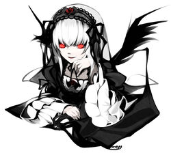  commentary female flower glowing glowing_eyes gothic_lolita grin hairband head_rest lolita_fashion lolita_hairband long_hair mtyy photoshop_(medium) red_eyes rose rozen_maiden smile solo suigintou symbol-only_commentary white_background white_hair wings 