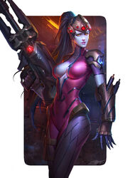  blue_skin breasts female female large_breasts lips looking_at_viewer overwatch ponytail purple_lips solo very_long_hair wide_hips widowmaker widowmaker_(overwatch) yellow_eyes 