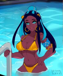  absurdres armlet artist_name bikini black_hair blue_eyes blue_eyeshadow blue_hair breasts collarbone dark-skinned_female dark_skin earrings eyeshadow female gold_bikini hair_bun half-closed_eyes hand_on_own_hip highres hoop_earrings jewelry large_breasts long_hair makeup multicolored_hair nessa_(pokemon) pokemon pokemon_swsh pool single_hair_bun solo starlett swimsuit two-tone_hair water 