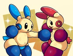  2024 alexdraws ambiguous_gender anthro ass black_sclera blue_body blue_boxing_gloves blue_clothing blue_ears blue_fur blue_gloves blue_handwear blue_legwear blue_tail blue_thigh_highs blue_underwear boxing_gloves clothing digital_media_(artwork) duo fur generation_3_pokemon gloves handwear legwear looking_at_another minun multicolored_body multicolored_ears multicolored_fur nintendo plusle pokemon pokemon_(species) punch red_body red_boxing_gloves red_clothing red_fur red_gloves red_handwear red_legwear red_tail red_thigh_highs red_underwear side_view surprise surprised_expression tail thick_thighs thigh_highs tongue two_tone_body two_tone_ears two_tone_fur underwear white_eyes yellow_body yellow_ears yellow_fur 