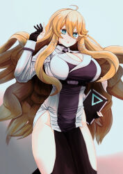  :o absurdres ahoge aqua_eyes belt black_gloves blonde_hair breasts bright_pupils cleavage clothing_cutout commentary counter:side female floating_hair gloves groin hair_between_eyes hand_up high_belt highres holding holding_tablet_pc jacket large_breasts long_hair long_sleeves looking_ahead moneka_(counter:side) msto partially_fingerless_gloves sidelocks solo tablet_pc thigh_cutout very_long_hair wavy_hair white_background white_jacket white_pupils 