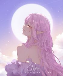  alternate_costume back bare_shoulders breasts character_name closed_eyes dress elf elysia_(honkai_impact) female full_moon highres honkai_(series) honkai_impact_3rd jiajuniee long_hair moon night night_sky off-shoulder_dress off_shoulder parted_lips pointy_ears purple_dress purple_sky sky solo twitter_username upper_body very_long_hair 