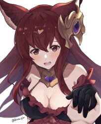  anthuria bare_shoulders breasts cleavage dress elbow_gloves erune female gloves grabbing_another&#039;s_hand granblue_fantasy hair_ornament highres looking_at_viewer open_mouth pppppknw red_dress red_eyes red_hair single_elbow_glove single_glove solo twitter_username 