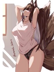  amagi_(azur_lane) ananda_hikari animal_ears armpits arms_behind_head azur_lane black_panties breasts brown_hair casual expressionless female fox_ears fox_girl fox_tail hair_between_eyes highres hip_focus indoors kitsune large_breasts long_hair looking_at_viewer multiple_tails no_pants panties parted_lips purple_eyes shirt signature solo standing tail thigh_gap thighs underwear very_long_hair white_shirt 