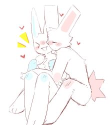  &gt;_&lt; 2023 anthro blue_inner_ear blush blush_lines bunonthemoon closed_eyes duo fur heart_symbol hi_res kissing_cheek lagomorph leporid male mammal nude_anthro nude_male pink_inner_ear rabbit slim_anthro slim_male white_body white_fur 