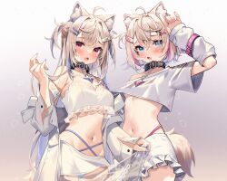  2girls alternate_costume animal_ear_fluff animal_ears bandaid bandaid_hair_ornament belt_collar black_collar blonde_hair blue_eyes blue_hair blue_nails breasts cleavage collar cropped_shirt dog_ears dog_girl dog_tail frilled_shorts frills fuwawa_abyssgard hair_ornament highres hololive hololive_english kuri_(animejpholic) large_breasts long_hair looking_at_viewer mococo_abyssgard mococo_abyssgard_(1st_costume) multicolored_hair multiple_girls nail_polish navel open_mouth pink_eyes pink_hair pink_nails shirt short_hair shorts siblings sisters small_breasts spiked_collar spikes streaked_hair tail twins two_side_up virtual_youtuber white_shirt white_shorts x_hair_ornament 