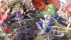  2girls :d absurdres al_guang autumn_leaves black_footwear blonde_hair blue_footwear blue_ribbon blue_skirt brown_hat chest_sarashi closed_mouth commentary_request detached_sleeves falling_leaves frilled_skirt frills frog_hair_ornament green_eyes green_hair hair_ornament hat highres holding holding_umbrella kochiya_sanae lantern leaf loafers long_hair looking_at_viewer moriya_suwako multiple_girls oil-paper_umbrella outdoors puddle purple_skirt purple_vest red_umbrella ribbon ribbon-trimmed_sleeves ribbon_trim sarashi shirt shoes single_hair_tube skirt sleeveless sleeveless_shirt smile snake socks stairs stone_lantern thighhighs touhou umbrella very_long_hair vest white_shirt white_sleeves white_socks white_thighhighs wide_shot wide_sleeves yellow_eyes 