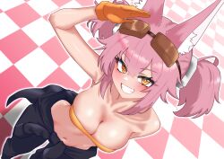  absurdres animal_ears bare_shoulders blue_pants blush breasts cleavage clothes_around_waist duel_monster eyewear_on_head female fox_ears gloves hair_between_eyes hair_ornament highres kitt_(yu-gi-oh!) large_breasts looking_at_viewer navel oldsickkim orange_gloves orange_tank_top pants pink_hair salute shirt shirt_around_waist smile solo tank_top teeth tri-brigade_kitt twintails yellow_eyes yu-gi-oh! 