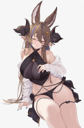  absurdres bikini black_bikini blue_nails breasts brown_horns cleavage closed_eyes draph extra_ears female galleon_(granblue_fantasy) galleon_(summer)_(granblue_fantasy) granblue_fantasy hair_between_eyes highres horns jacket kuyoumi long_hair_between_eyes multicolored_hair official_alternate_costume pointy_ears see-through see-through_cleavage sitting solo streaked_hair swimsuit thigh_strap white_background white_jacket 