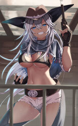  absurdres azur_lane belt bikini black_belt black_bikini black_gloves blue_eyes blurry blurry_foreground breasts brown_hat chaps cleavage colt_1851_navy commentary cowboy_hat cowboy_shot cowboy_western cowgirl_(western) dark-skinned_female dark_skin female fingerless_gloves gloves grey_shorts grin gun hair_between_eyes hat highres holding indiana_(azur_lane) indiana_(high_noon_arrest)_(azur_lane) large_breasts long_hair navel official_alternate_costume outdoors poncho railing revolver rizzy shorts sidelocks skindentation smile smoke smoking_barrel solo standing stomach swimsuit teeth underboob weapon white_hair 