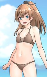  bikini blue_eyes breasts brown_bikini brown_hair cowboy_shot day female furaggu_(frag_0416) hair_between_eyes hair_ornament highres kantai_collection kumano_(kancolle) long_hair navel open_mouth outdoors ponytail small_breasts solo standing swimsuit 