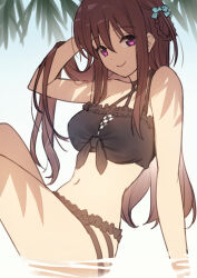  22/7 bikini black_bikini bow braid braided_hair_rings brown_hair closed_mouth female frilled_bikini frills from_side hairbow hand_in_own_hair knees_up long_hair looking_at_viewer looking_to_the_side nagareboshi navel purple_eyes sitting smile solo swimsuit tachikawa_ayaka tree_shade twin_braids two_side_up wading white_bow 